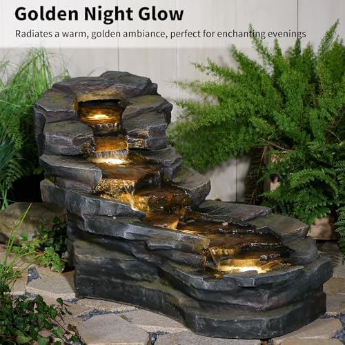 Sunlinua 49" L Water Fountain Outdoor 5-Tiers Rock Natural Waterfall Fountains Floor Standing Water Features with LED Lights for Garden, Patio, Porch, Home Art Decor - Image 3
