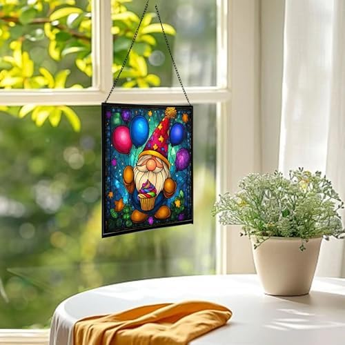 Birthday Balloon Gnome Stained Glass Suncatcher – Square Hanging Window Panel for Home or Greenhouse – Whimsical Glass Art Gift for Garden Lovers, Christmas, Halloween, Father Days 62hJGZ - Image 3