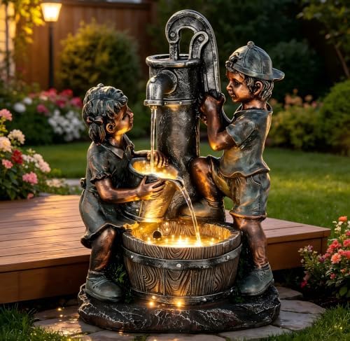 26" Boy and Girl Outdoor Fountain LED 3-Tier Cascading Waterfall - Image 2
