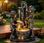 26" Boy and Girl Outdoor Fountain LED 3-Tier Cascading Waterfall - Image 2