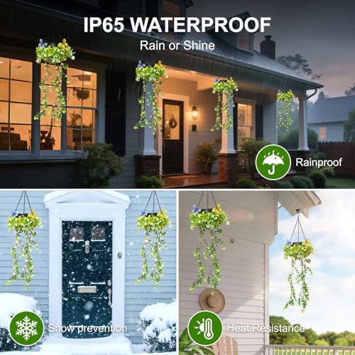 Solar Hanging Garden Lights, 4 Pack 66 LED Outdoor Lights with Realistic Milan Grass & White Flowers, IP65 Waterproof Solar Lanterns for Patio, Porch, Fence, Pergola & Backyard Decor, Auto On/Off - Image 5