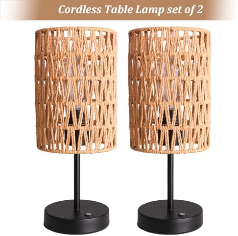 Rechargeable Outdoor Table Lamps, Rattan Boho Cordless Battery Operated Table Lamps, Patio Lamp for Living Room, Balcony, Bedside Decor- Set of 2 (Beige) - Image 2