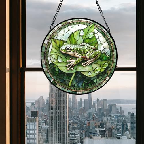 Green Frog Lily Pond Stained Glass Window Hanging Suncatcher Gifts 9.8" - Image 5