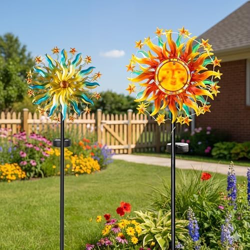 60.3" Solar Wind Spinner with Lights, Double-Sided Sun Face Metal Garden Spinner with Kinetic Back Blades, Solar LED Outdoor Yard Art Decor for Patio Lawn Garden - Image 6