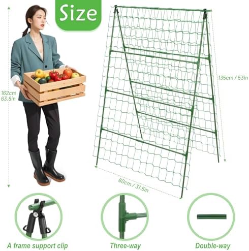 32 x 53 Inch Cucumber Trellis for Climbing Plants Outdoor A-Frame Garden Trellis for Raised Bed Detachable Sturdy Garden Plant Support Trellis for Small Plant Vegetable Flower Grape with Climbing Net - Image 2