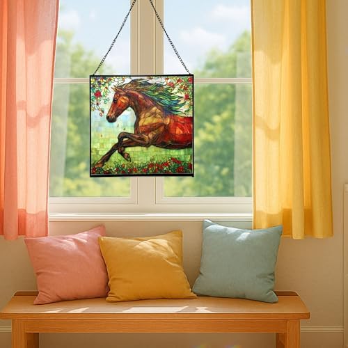Brown Dutch Warmblood Horse Galloping Along Wild Hedgerow Square Suncatcher – Stained Glass Style Window Panel with Pastoral Scene, Custom Decorative Hanging Art for Equestrian Home, Christmas S5G14f - Image 5