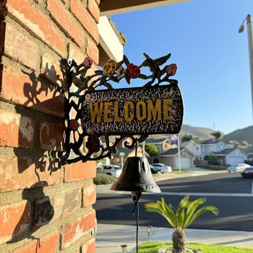 Vintage Cast Iron Welcome Sign with Functional Doorbell (13.5x11 inches) - Decorative Outdoor Wall Hanging with Hand-Painted Birds and Flowers HC7466 - Image 4