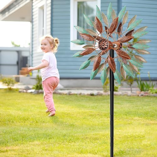 Wind Spinners Outdoor, 360° Metal Windmills for Yard Garden Art Decor, Kinetic Wind Sculptures with 5 Stake for Lawn Patio Outside Ornaments, 13.7" W x 64.3" H (Green+Brown) - Image 5