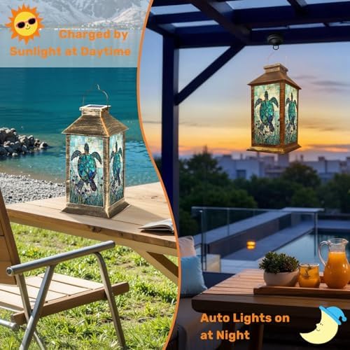 Solar Lanterns Outdoor Waterproof Graceful Teal Stained Glass Sea Turtle Illustrated Anemones Hanging Solar Light Outside Lights for Patio Yard House Lawn Decor Birthday Gifts for Women Mom - Image 6