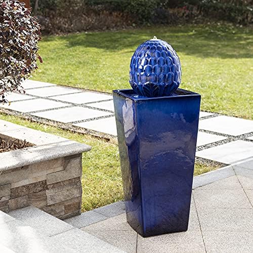 Glitzhome Ceramic Outdoor Water Fountain with LED Light, Oversized Artichoke Pedestal Water Fountains with Submersible Pump, Patio Fountain Waterfall for Garden Patio Deck Porch, Cobalt Blue, 35.75" H by Glitzhome