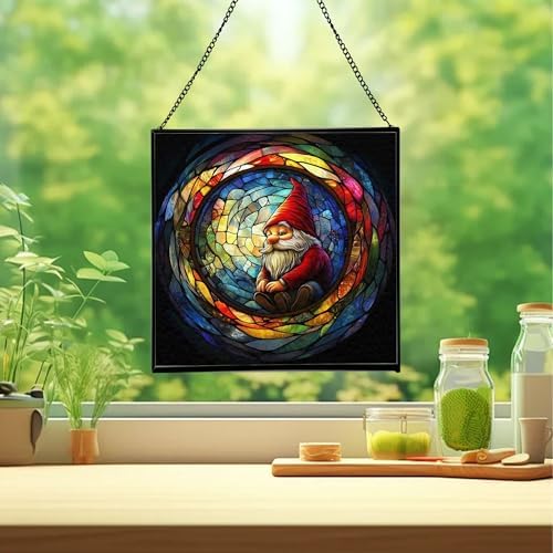 Stained-Glass Window Gnome Stained Glass Suncatcher – Square Hanging Window Panel for Home or Greenhouse – Whimsical Glass Art Gift for Garden Lovers, Christmas, Halloween, Father Days a2bzSD - Image 2