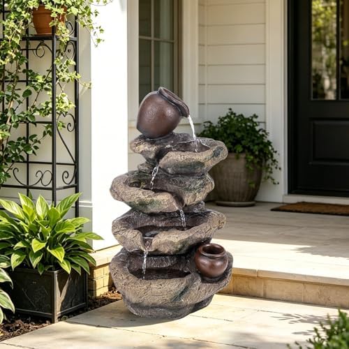 Rock & Jar Outdoor Water Fountain, Resin with LED Light - Image 2