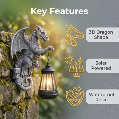 Outdoor Solar Dragon Statue Tree Hugger with Solar Lantern Garden Decor, Dragon Garden Statues Outdoor Patio,Tree, Fence Decoration, Dragon Outdoor Statues with LED Light, Gifts for Women (Stone) - Image 2