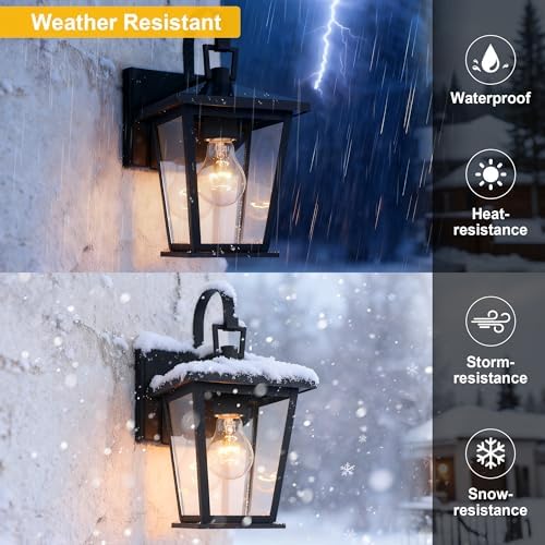 Kalium Outdoor Wall Lantern 2 Pack, Waterproof Exterior Wall Mount Light with Clear Glass in Black Finish, Porch Outside Lighting for Entryway, Backyard, Patio, E26 Base, Clear Glass 12.5 in - Image 3