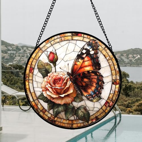 Rose Butterfly Stained Glass Window Hanging Suncatcher Gift for Women 15" - Image 4