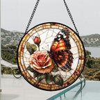 Rose Butterfly Stained Glass Window Hanging Suncatcher Gift for Women 15" - Image 4