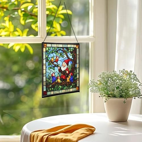 Gnome with Baby Birds Stained Glass Suncatcher – Square Hanging Window Panel for Home, Garden, Nursery, Halloween, Christmas, Memorial Day – Whimsical Glass Art Gift for Gnome Lovers 4u5en2 - Image 3