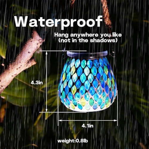 2 Pack Mosaic Blue Solar Lanterns, Outdoor Glass Hanging Lights, Waterproof, Solar Table Lamps, Christmas Gifts for Women Mom Grandma, Night Lights, Decoration for Garden, Patio, Yard, Outdoor Decor - Image 3