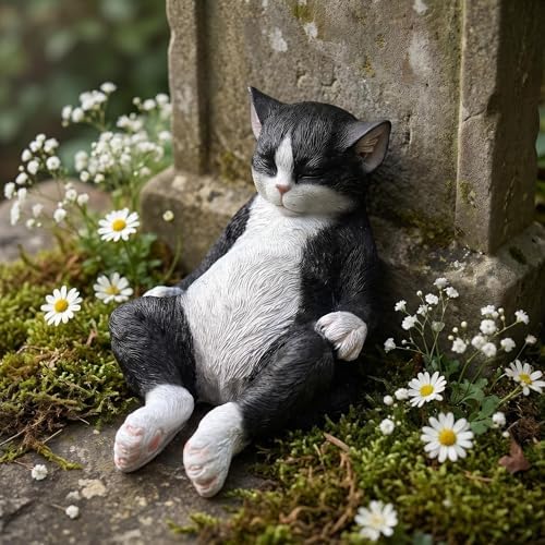 Cat Statue Outdoor Cat Figurines Garden Decor, Black & White Cat Statue Figurine Decor Sculpture for Patio, Yard, Resting Tuxedo Cat Statues for Indoor Table Accessory, Gift for Mom & Cat Lovers by GardenWhisper
