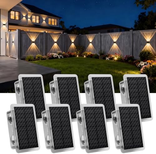 Solar Fence Lights Outdoor, Up Down Glow Solar Powered Wall Lights with 3 Modes Color Temp Changing-3000K/4000K/6000K, IP65 Waterproof LED Solar Garden Light for Patio Pool Step Porch Yard-8 Pack by AUDLES