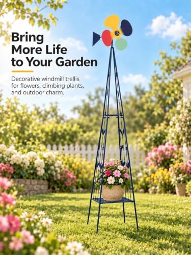 6FT Windmill for Yard Garden Decoration, Heavy Duty Outdoor Wind Mills, Large Metal Outdoor Windmill, Weather Resistant, with Storage Shelf and Weather Vanes, Dark Blue - Image 2
