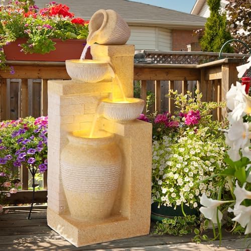4-Tier Outdoor Indoor Water Feature Fountain, 32" H Indoor Cascading Waterfall with 3 LED Lights, Floor Standing Garden Fountain for Garden, Deck, Backyard, Patio, Yard (Yellow) - Image 6