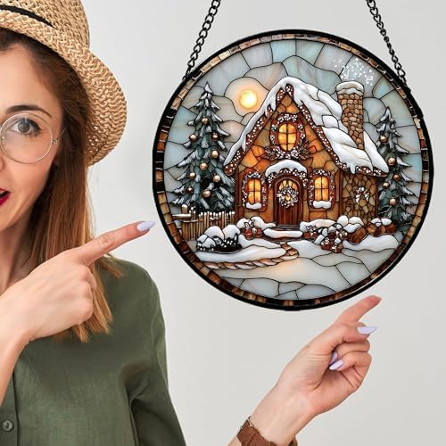 Christmas Cottage Stained Glass Window Hanging Decor Gifts for Women 15" - Image 3