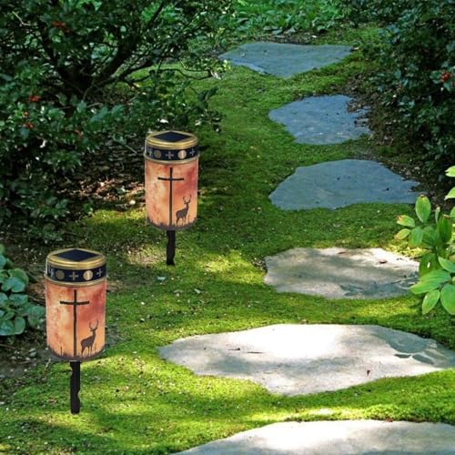 Poceacles 4 Pieces Solar Powered Cross Lights - Flameless Cemetery Votive Candles, Waterproof Memorial Stake Lights for Outdoor Home Decoration, Deer Cross Galaxy Orange - Image 4