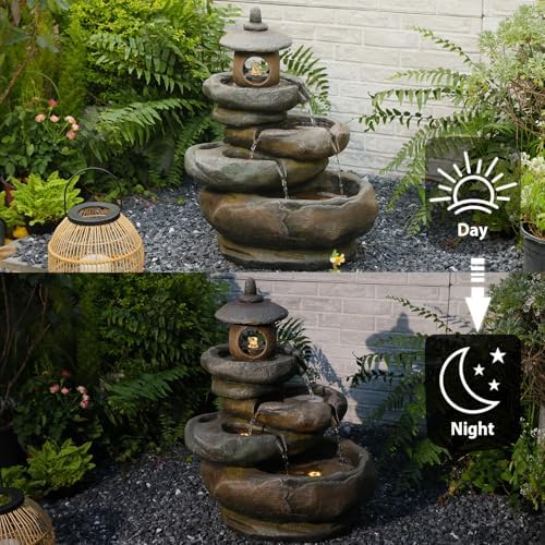 25.2" H 4 Tiered Pagoda and Imitation Rock Outdoor Water Fountain - Natural Zen Decor with LED Lights fits for Outdoor&Indoor Water Fountain, Suitable for Garden/Patio/Yard/Deck/Balcony （Resin） - Image 4