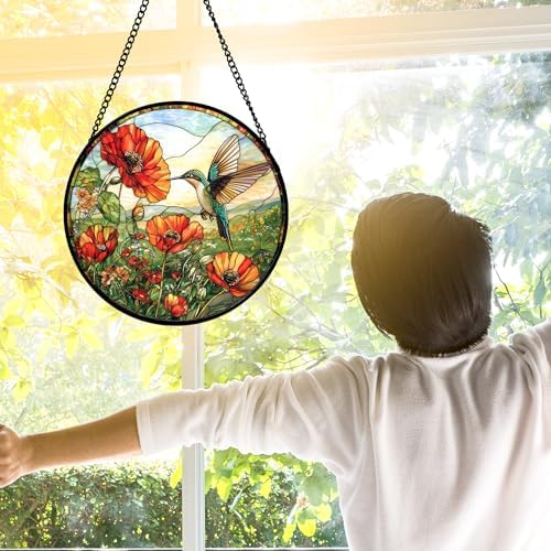 Hummingbird Poppy Stained Glass Window Hanging Suncatcher Gifts Decor 9.8" - Image 6