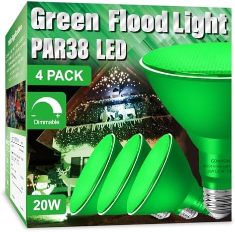 Gonhom PAR38 Flood Lights Outdoor,Dimmable LED Flood Light Bulbs,20W(Equivalent to 200W),E26 Base,Outdoor Porch,Holiday Lighting,LED Flood Light Bulb for Halloween,Christmas,4 Pack Green by Gonhom