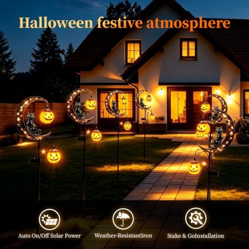 2026 News Solar Halloween Black Cat and Pumpkin Moon Garden Stake Light 4PCS, Hanging Pumpkin Lanterns Outdoor for Pathway, Yard, Patio and Lawn Decor.Powered Entirely by the Sun - Image 2