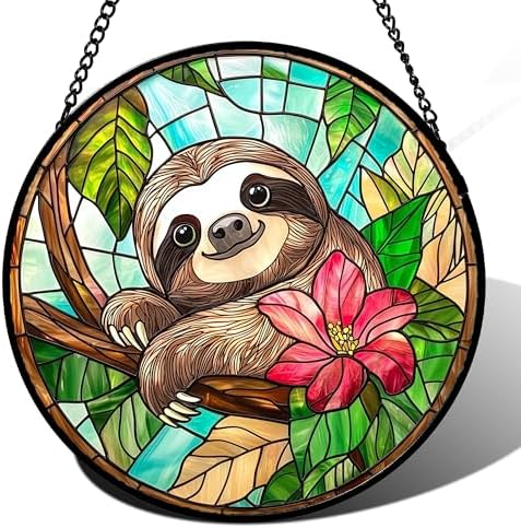 Stained Glass Window Hanging Sloth Flower Suncatcher Gifts for Women 15" by amderven