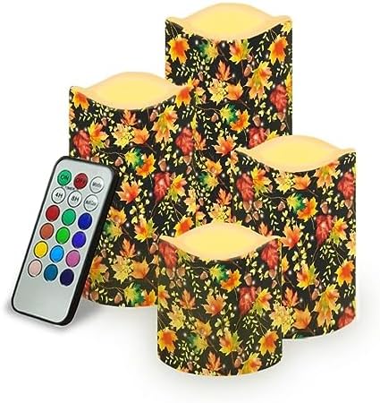 Jeiento Thanksgiving Flickering Flameless Candles with Moving Flame,Maple Leaf Decal Realistic Pillar Candle,4 Pcs Flickering Flameless Wax Candles for Home Party Wedding Botanical Autumn Decorations by Jeiento