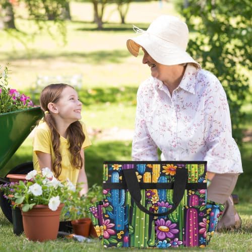 Colorful Cactus Flower Garden Tool Bag with Hard Bottom and 10 Pockets - Image 6