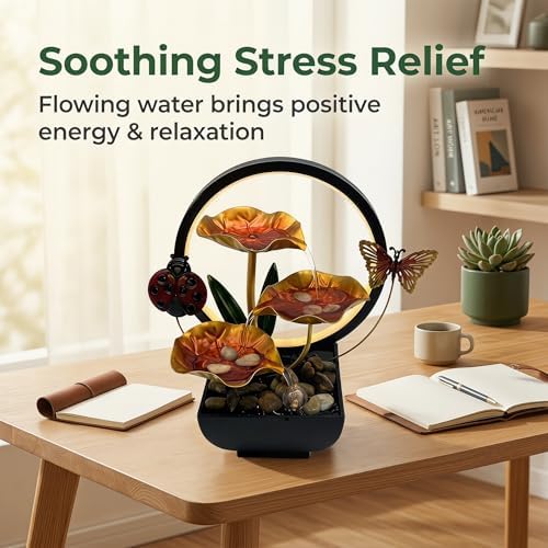 Tabletop Fountain,Indoor Water Fountain,Home Fengshui Décor Zen Relaxation Soothing Sound Machine for Office,Living Room,or Bedroom,Gold Lotus,Ladybird & Butterfly,10.2inch - Image 2