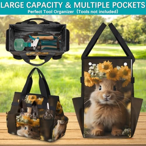 Funny Rabbit Garden Tool Bag Organizer Heavy Duty Floral Rabbit Gardening Tote Bag with 10 Pockets for Women Men Gardening Gifts - Image 5