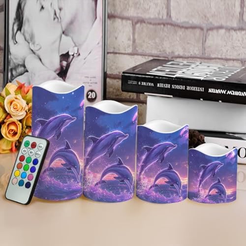 Battery Operated Candles with Remote Timer Flameless Candles Tea Lights Color Changing Electric Fake Plastic Pillar LED Candles Outdoor Home Room Decor Set of 4 Dolphin - Image 4