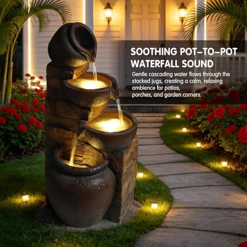25.6" Outdoor Water Fountain, 4 Tier Cascading Pot Freestanding Water Fountain, Outdoor Fountain with LED Lights, Garden Water Feature, Suitable for Patio Yard Porch Landscape, Brown - Image 4