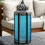 Vela Lanterns Decorative Indoor Candle Holder Table Centerpieces - Moroccan Hanging Outdoor Patio & Porch Home Decor, Turkish Floor Lamp for Wedding, Ramadan (Extra Large 16", Blue Glass) - Image 2