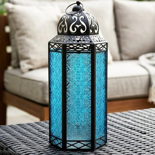 Vela Lanterns Decorative Indoor Candle Holder Table Centerpieces - Moroccan Hanging Outdoor Patio & Porch Home Decor, Turkish Floor Lamp for Wedding, Ramadan (Extra Large 16", Blue Glass) - Image 2