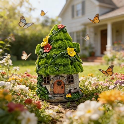 COWOS Solar Powered Mossy Fairy Cottage with LED Lights - Resin Miniature Garden House, Waterproof Outdoor Statue for Patio, Yard, Lawn, Gift for Garden Lovers & Kids by COWOS