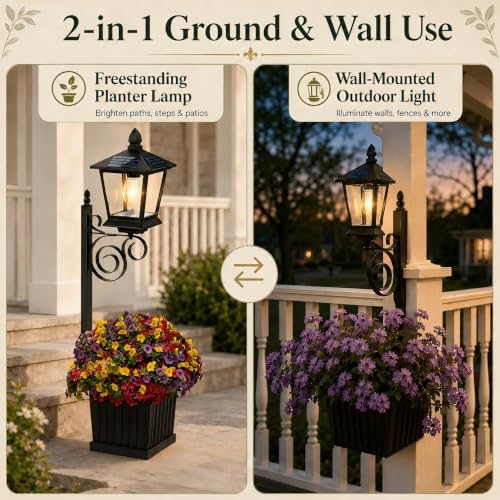 Solar Flower Pot Lights Outdoor, 2-in-1 Ground & Wall Planter Lamp - Image 2