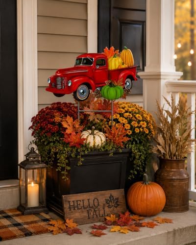 Garden Yard Stake Decor Vintage Truck Metal Colorful Fall Outdoor Decor Entry Front Backyard Home Business 22" x 22" (Red Truck W Fall Pumpkins) - Image 3
