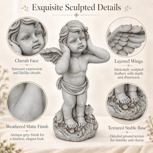 17" Winged Angel Garden Statue Antique Grey Resin Outdoor Sculpture Decor - Image 3