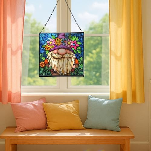 Gnome with Flower Crown Stained Glass Suncatcher – Square Hanging Window Panel for Home or Greenhouse – Whimsical Glass Art Gift for Garden Lovers, Christmas, Halloween, Father Days 1fhnsj - Image 5