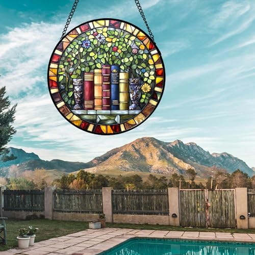 Botanical Bookshelf Stained Glass Window Hanging Suncatcher Gifts 12" - Image 3