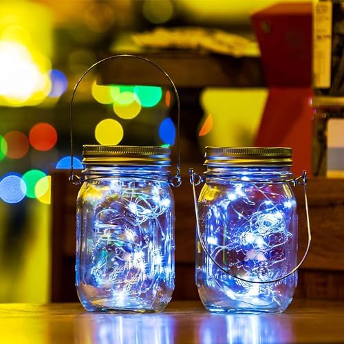 Solar Mason Jar Lights - 4 Pack 30 LED Fairy Firefly String Lights Hanging Starry Lantern Sets, Outdoor Waterproof Patio Porch Garden Yard Balcony Lawn Handmade Wall Lighting Decor - Image 3