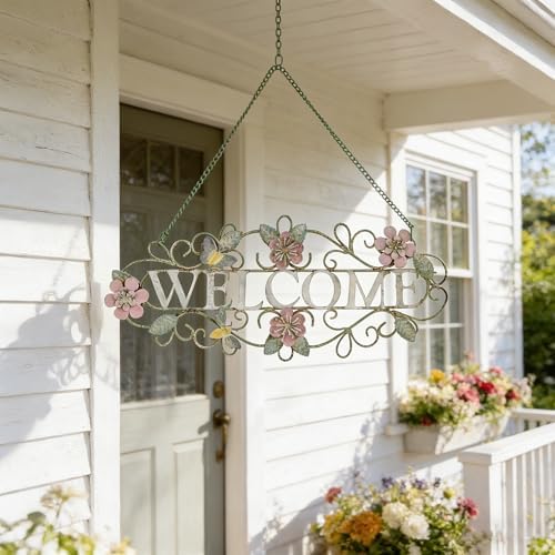 Vintage Welcome Wall Decor Metal Hanging Welcome Sign Rustic Farmhouse Distressed Flower and Butterfly Welcome Sign Decoration for Garden Porch Patio Yard Outdoor 16"L (Colorful) - Image 6