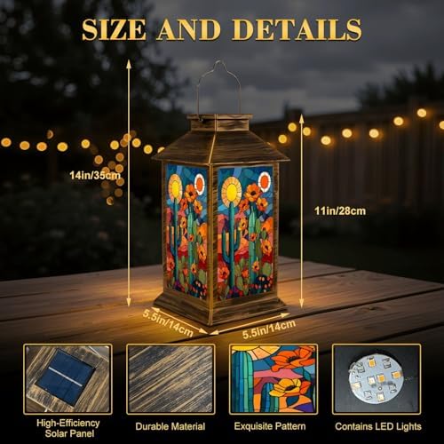 Solar Lantern Outdoor Waterproof Stained Glass Desert Scene Bright Orange Flowers Under Sunlit Sky Garden Decor LED Hanging Solar Lights Tabletop Lamp Gifts for Women Mom Outside Yard Patio Porch - Image 2